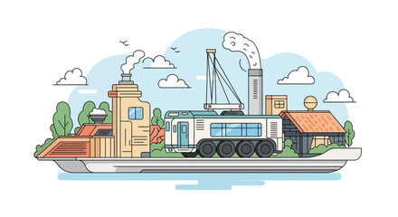 Naklejka premium Industrial Landscape With Retro Train And Factory Cartoon Style