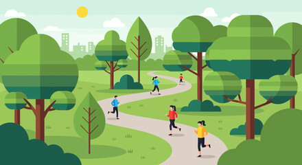 Fototapeta premium People Running Through Park For Exercise Flat Design Illustration