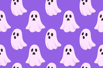 Seamless purple background with tiny ghost pattern. Perfect for Halloween wrapping paper, fabric, or digital design