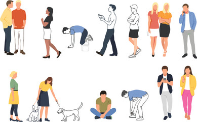 People talking, walking, playing with dogs, using smartphones, casual interaction, diverse actions, standing, crouching, modern lifestyle, outdoor urban scenes