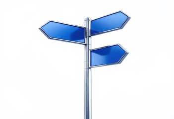 A metallic post holds three blank, blue, arrow-shaped directional signs against a white background; suggesting choices or directions