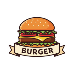 Cartoon illustration of a classic cheeseburger with a ribbon banner.
