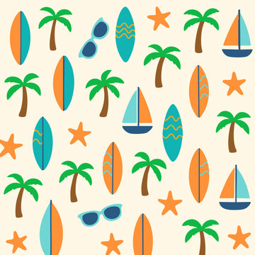 Seamless Summer Beach Pattern &ndash; Palm Trees, Surfboards, Sunglasses, Sailboats and Starfish