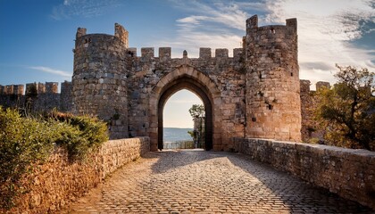 Obraz premium ancient stone castle gate with an archway is leading into the fortress promising safety and security