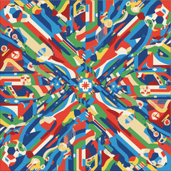 Abstract kaleidoscope of fragmented national flags, vibrant colors, global unity theme.