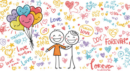Cute, colorful, and playful vector illustration of stick figure couple holding balloons with a background of hand-drawn love-themed doodles and hearts.