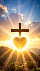 Sunset rays burst behind a wooden cross, heart-shaped sun