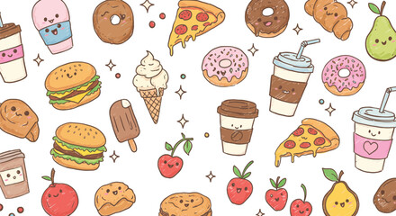 Cute hand-drawn vector seamless pattern with various kawaii fast food and snack items like burgers, donuts, and ice cream on a pink background.