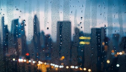 rain drops falling on glass window creating beautiful pattern with cityscape reflection in background