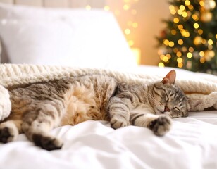 Gray tabby cat sleeping on a bed