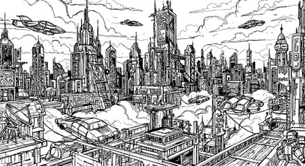 Highly detailed hand-drawn vector illustration of a futuristic cityscape with flying vehicles and towering buildings, ideal for a science fiction coloring book. © VectaNoor