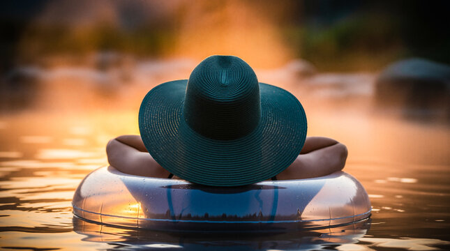 Woman Relaxing in Inflatable Ring at Sunset
