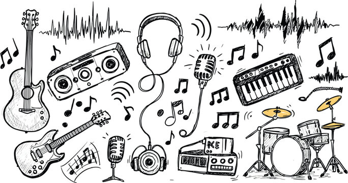Collection of hand-drawn vector doodles depicting musical instruments and equipment like guitars, drums, microphones, and headphones, with sound waves and musical notes.