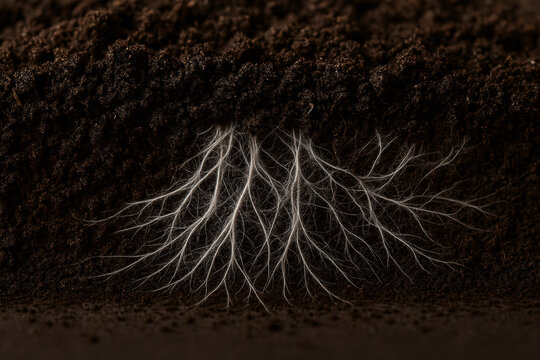 A macro image showing delicate white mycelium strands spreading through rich, dark soil. The intricate fungal network resembles neural pathways, highlighting the complexity of underground ecosystems