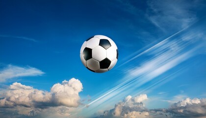 soccer ball soaring through a clear blue sky on a sunny afternoon with fluffy clouds