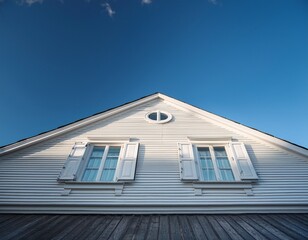 white vintage curved frame windows little room decoration on the roof of the big white wooden house on blue sky background with copy space view from outside updated view