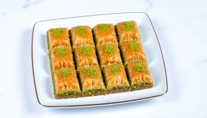 Sixteen pieces of pistachio baklava arranged on a square white plate