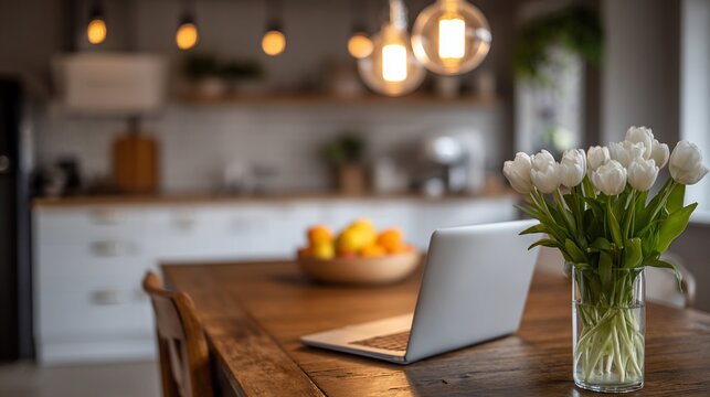 Modern Kitchen Workspace with Laptop and White Tulips in Glass Vase