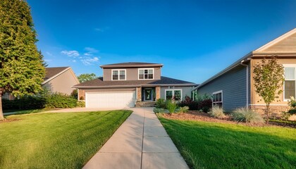 a perfect nighborhood average residential house with concrete pathway to the main entrance over lush front yard lawn updated view