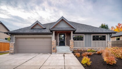 new construction home exterior featuring contemporary house plan features gray wood siding stone columns and two garage spaces northwest usa