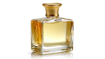 Golden Square Perfume Bottle On White Background A Luxurious And Elegant Fragrance Product For Women