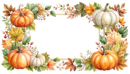 Watercolor autumn border with pumpkins and leaves