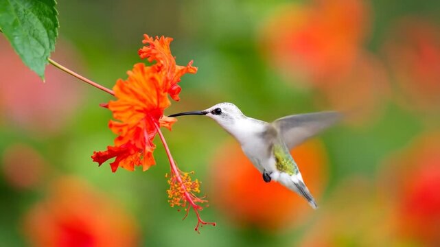 Hummingbird feeding on nectar from vibrant orange hibiscus flower in tropical garden, slow motion