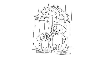Fototapeta premium Two puppies under a polka dot umbrella in the rain playing in puddles in a black and white drawing