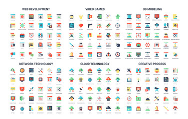 Collection of 180 simple flat icons covering web development, video games, 3D modeling, network, cloud technology, and creative process for digital projects isolated vector illustration