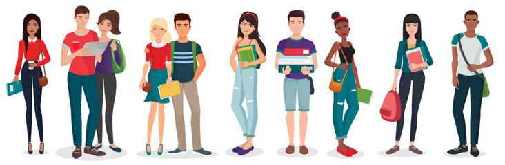 Fototapeta premium Diverse group of students set vector illustration. Cartoon different young female and male characters standing, happy smiling teenages holding coffee and books, laptop and phone isolated on white