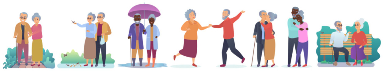 Happy old couple, lifestyle set vector illustration. Cartoon elder grandparents walk outdoor and hug together, leisure of grandmother and grandfather isolated on white. Love, relationship concept