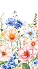 Watercolor painting of a vibrant floral arrangement featuring cosmos, daisies, and other wildflowers in soft pastel colors