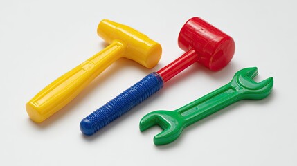 Colorful Plastic Toy Tools Set Yellow And Red Hammers, Green Wrench On A White Background. Close Up View Of Brightly Colored Children's Play Tools
