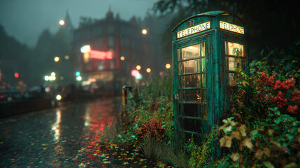 Vintage green telephone booth on rainy city street