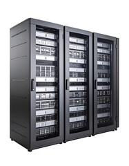 Three dark gray server racks stand side-by-side, showcasing internal components through glass doors