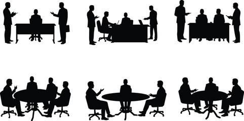 Business meeting silhouette vector, office teamwork discussion, professional collaboration, people talking at desk, roundtable conference, group workplace communication