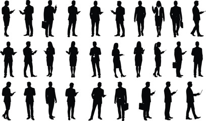 Business people silhouette vector set, corporate professionals, office workers, team communication, modern workforce, standing poses