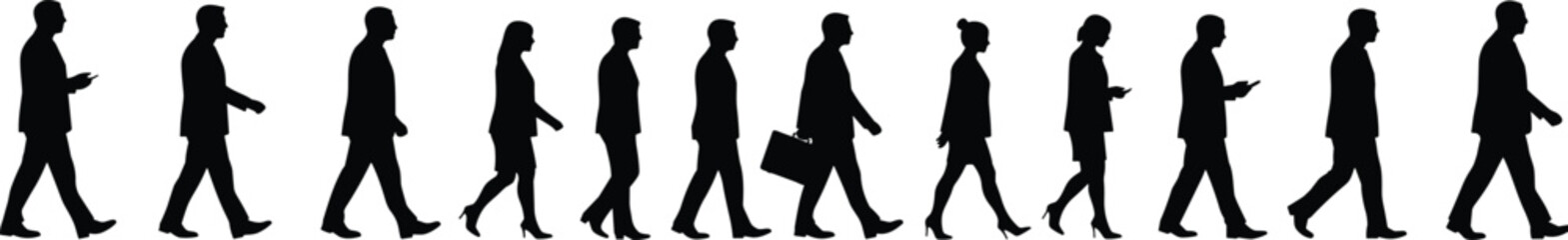 Business people walking silhouette vector, office workers moving in line, teamwork concept, crowd motion design, black human icons