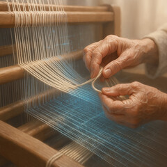 alte H&auml;nde verweben bunte, leuchtende F&auml;den am traditionellen Webstuhl