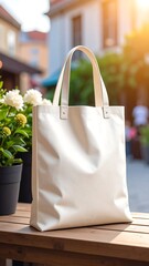 Off-white tote bag sits on wooden surface outdoors