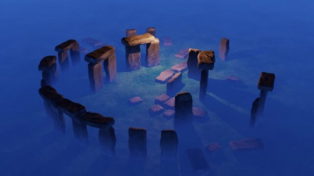 Orbiting or circling above the misty Stonehenge in blue