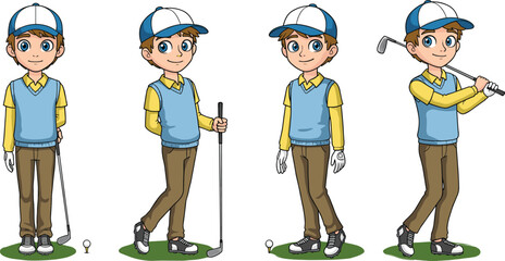 Cartoon boy golfer in cap and golf outfit holding club and ball, young golf player character in vector illustration