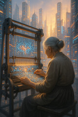 &auml;ltere Frau am Webstuhl mit Energie-Licht in futuristischer Stadt)