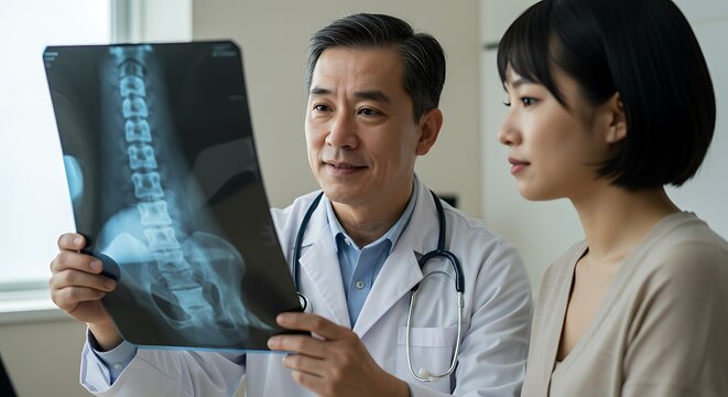 Asian Doctor Explains Spinal X-ray to Patient During Medical Consultation.