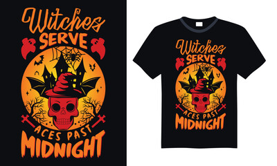Witches serve aces past midnight - t shirt design Haunted game day t shirt artwork
