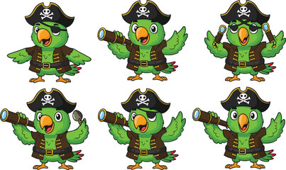 Cartoon pirate parrot characters, flat vector illustration, pirate bird mascot set, cute green parrot in pirate costume with accessories