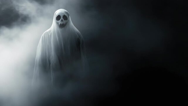 Eerie skeleton ghost cloaked in misty darkness with a menacing smile