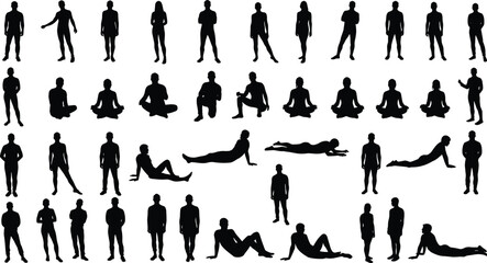 Collection of human silhouettes in various poses, standing, sitting, laying down, relaxing, thinking, meditating, walking, vector people illustration