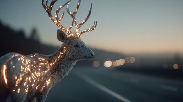 Magical deer with glowing antlers and body standing near a road with bokeh lights - Powered by Adobe