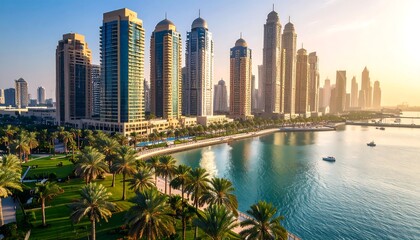Dubai Skyline with Sunrise, and Waterfront.